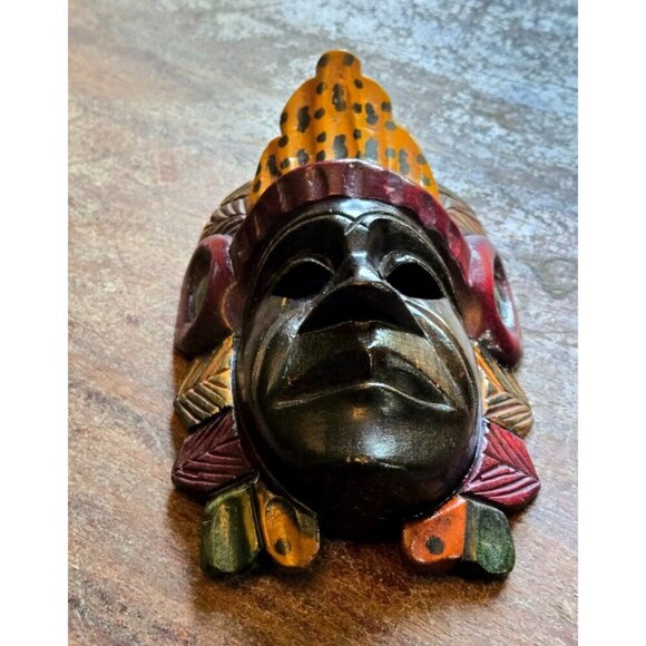 Mayan Vtg Mask Hand Carved Wood 5.75"x2.25" Painted Tribal Ceremonial Folk Art - Picture 8 of 10